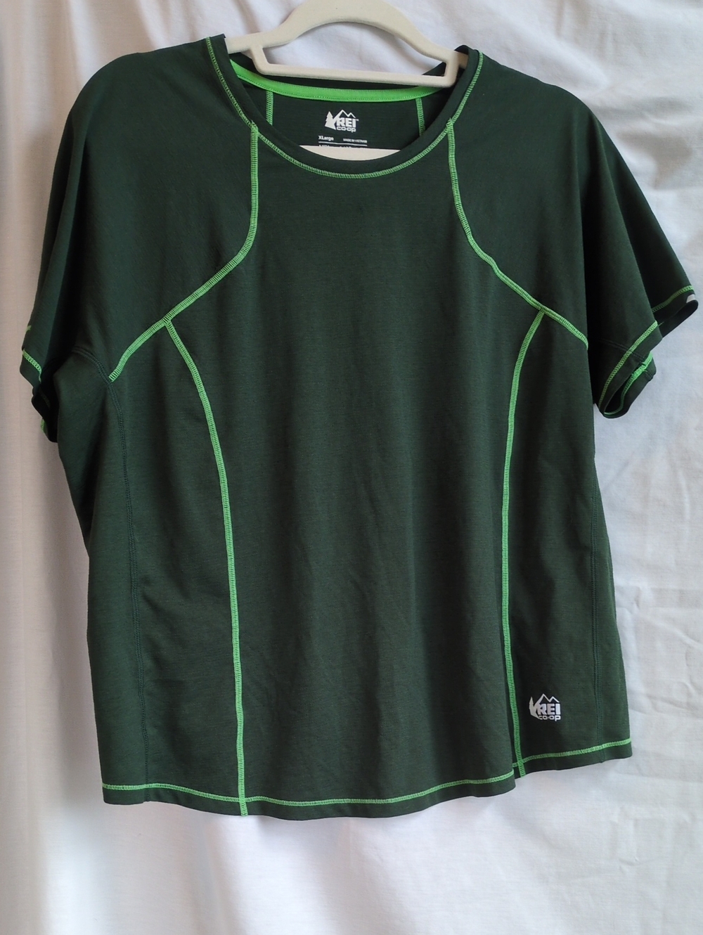 REI Forest Green Tee with Lime Stitching